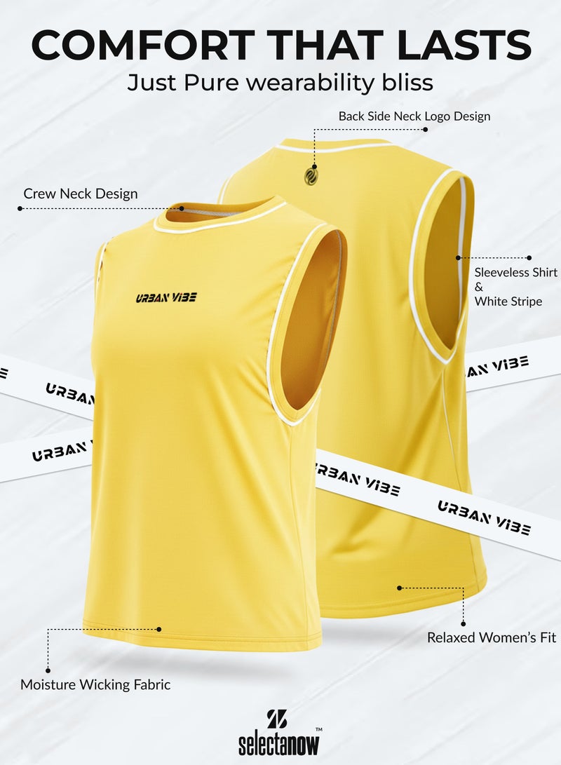 Selecta Now Ladies Sleeveless Cotton T-Shirt Yellow Breathable Contrast Piping Tank Top Soft Stretchable Women’s T Shirt - Image 3